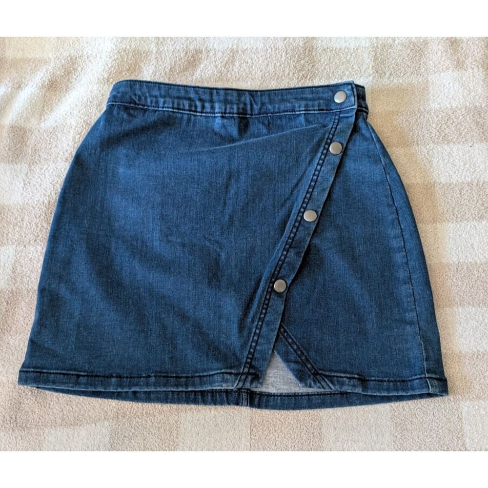 Free People Women's Blue y2k  Notched Front Wrap Button Denim Mini Skirt Sz 6